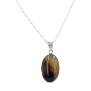 Very Beautiful Long Oval-Shaped Banded Agate Pendant Handcrafted on .925 Sterling Silver