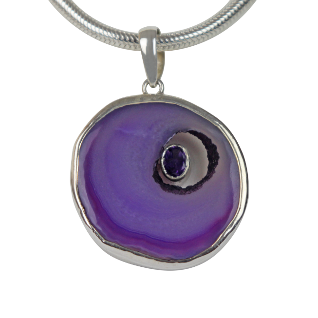 Round Purple Agate has a beautiful faceted Amethyst stone set inside the natural hollow of the agate