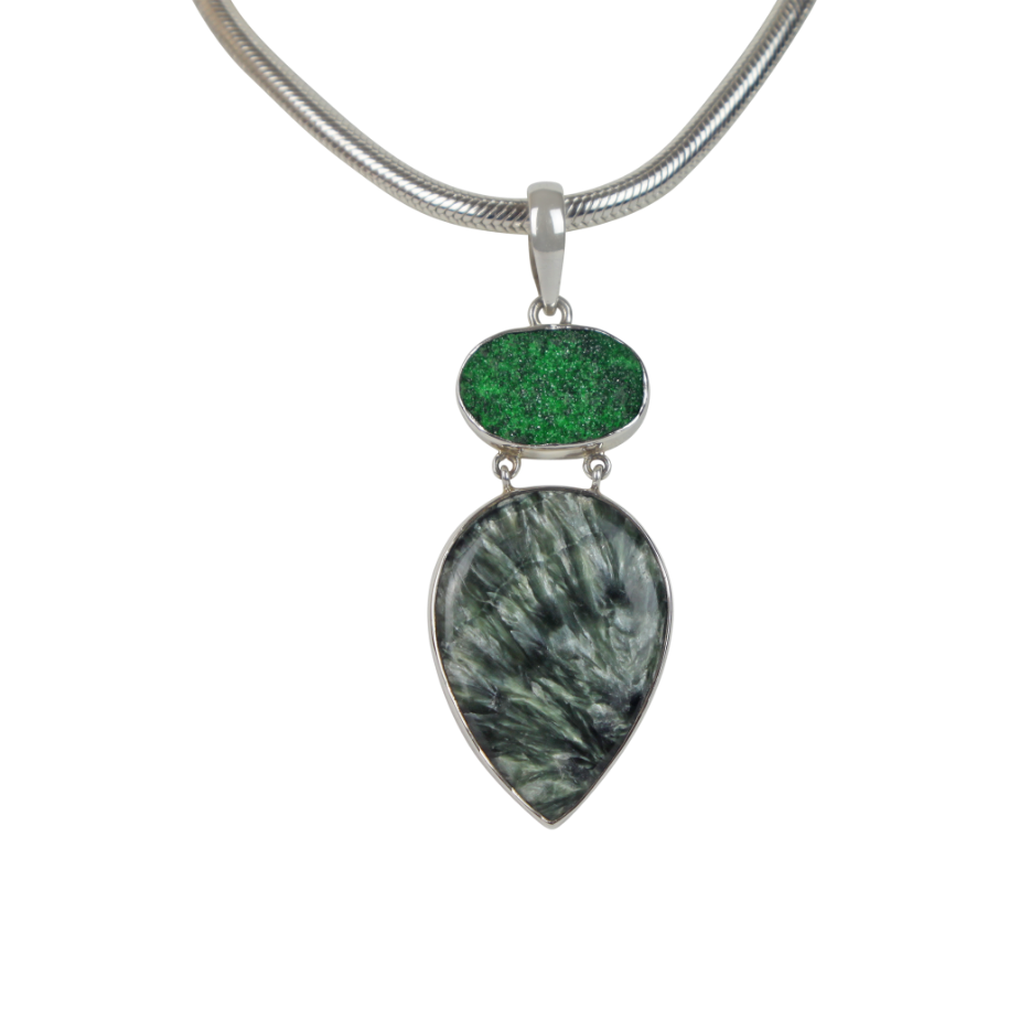 Sterling Silver Pedant with a Very Beautiful Seraphinite  Pendant Accent With a Sparkling Uvarovite