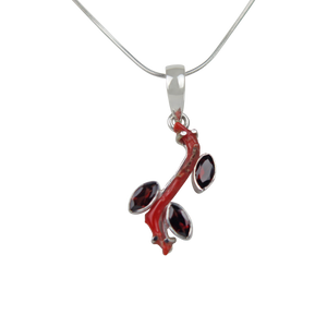 Red Coral Branch Pendant Accent with Faceted Multi-Garnet Stones