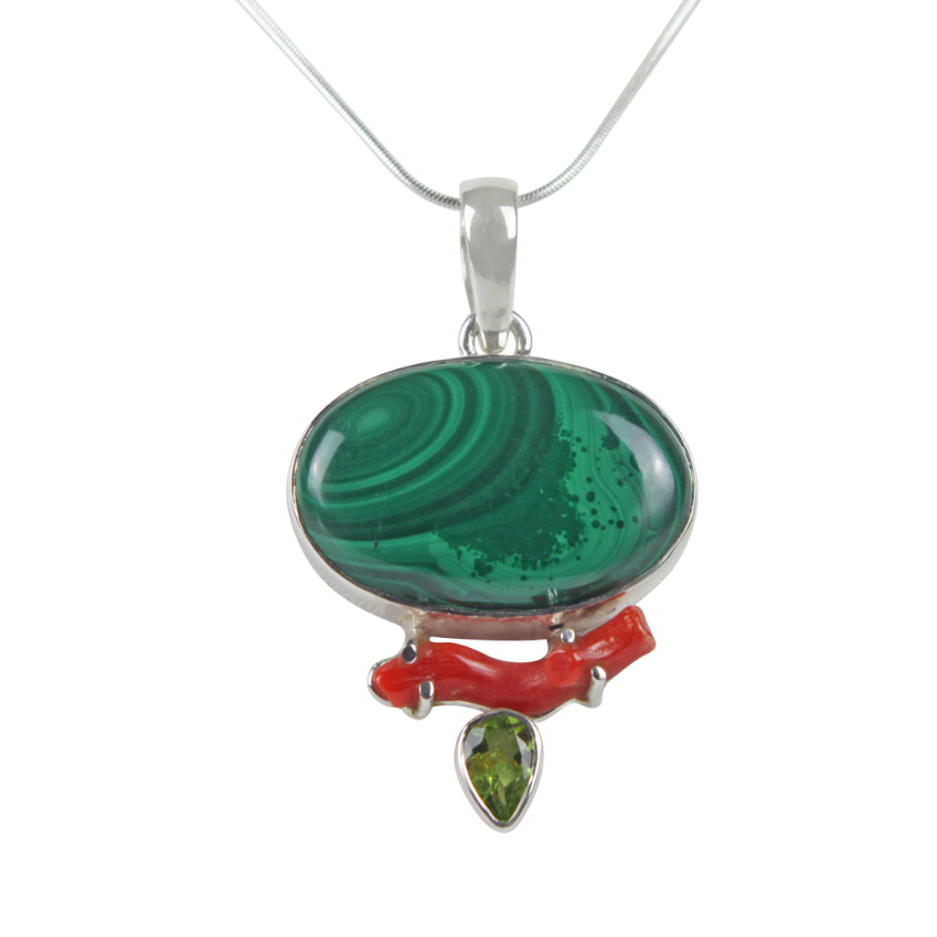 Pretty Oval shaped Malachite  Accent with a Red Coral Branch and a Beautiful Faceted Peridot