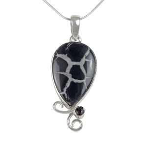 Teardrop shaped Septarian Gronate  Pendant Accents with a Smoky Quartz on Silver Work