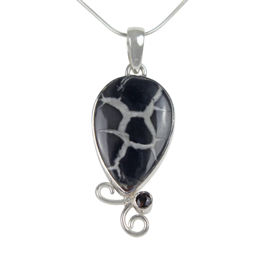 Teardrop shaped Septarian Gronate  Pendant Accents with a Smoky Quartz on Silver Work