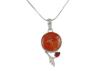 Load image into Gallery viewer, This beautiful orange colour round Sponge Coral pendant is set in an open back bazel.
