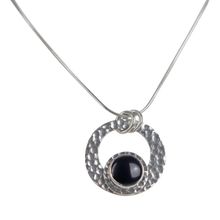 Load image into Gallery viewer, Cabochon Cut Black Spinel in a Beautifully Handcrafted Textured Sterling Silver Pendant
