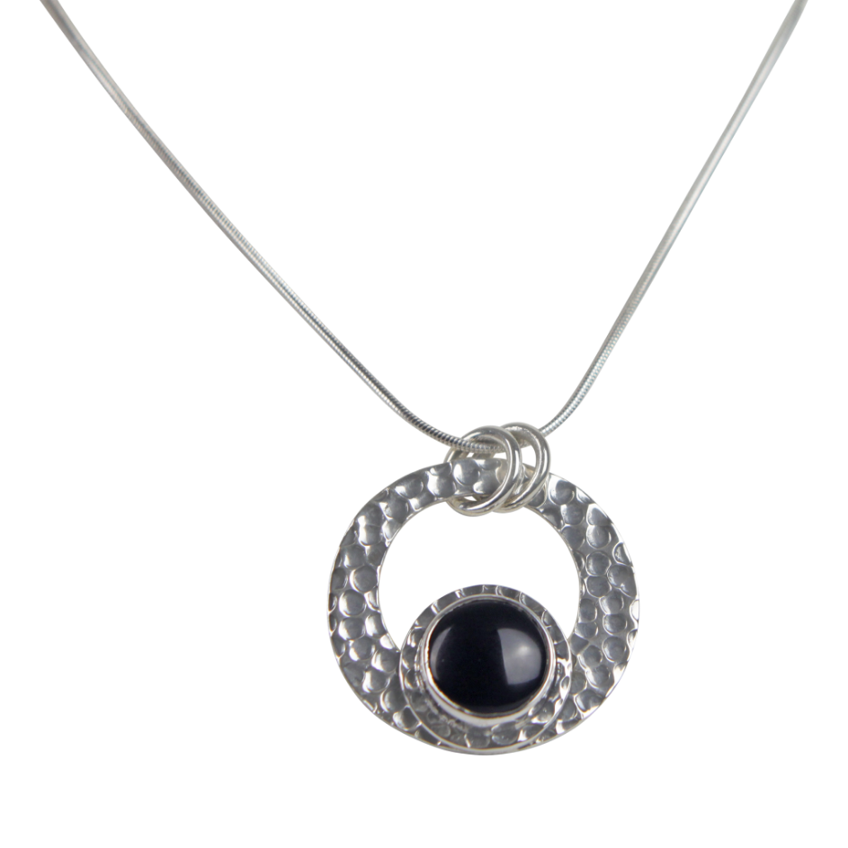 Cabochon Cut Black Spinel in a Beautifully Handcrafted Textured Sterling Silver Pendant