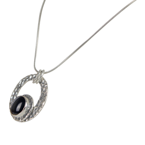 Cabochon Cut Black Spinel in a Beautifully Handcrafted Textured Sterling Silver Pendant