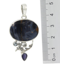 Load image into Gallery viewer, Handmade Sterling Silver Pendant with a Pietersite Gemstone with two accent stones Iolite, Blue Topaz
