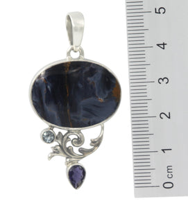 Handmade Sterling Silver Pendant with a Pietersite Gemstone with two accent stones Iolite, Blue Topaz