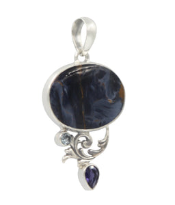 Sterling Silver Pendant with a Pietersite Gemstone with two accent stones Iolite, Blue Topaz