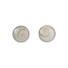 Load image into Gallery viewer, Classic bezel set shell and coral circle studs in sterling silver
