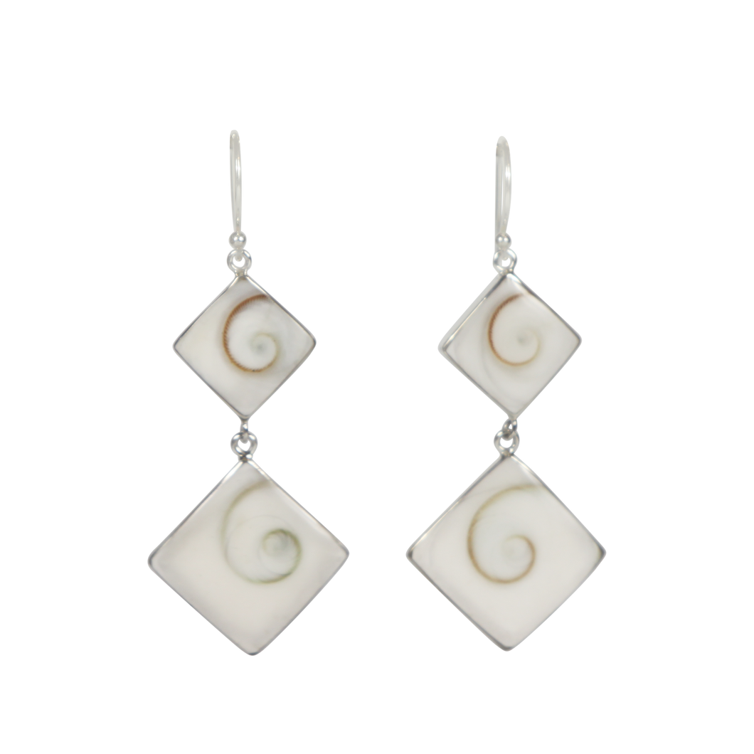 Statement double square Shiva shell earrings set into sterling silver