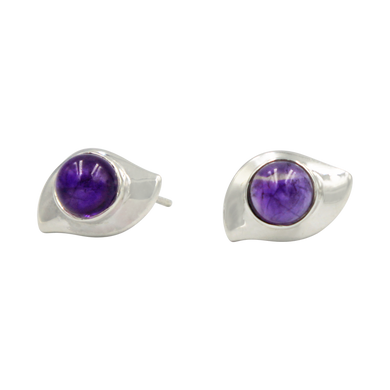 Sterling Silver Evil Eye Stud Earring with a round Cabochon Amethyst