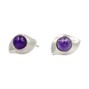 Sterling Silver Evil Eye Stud Earring with a round Cabochon Amethyst