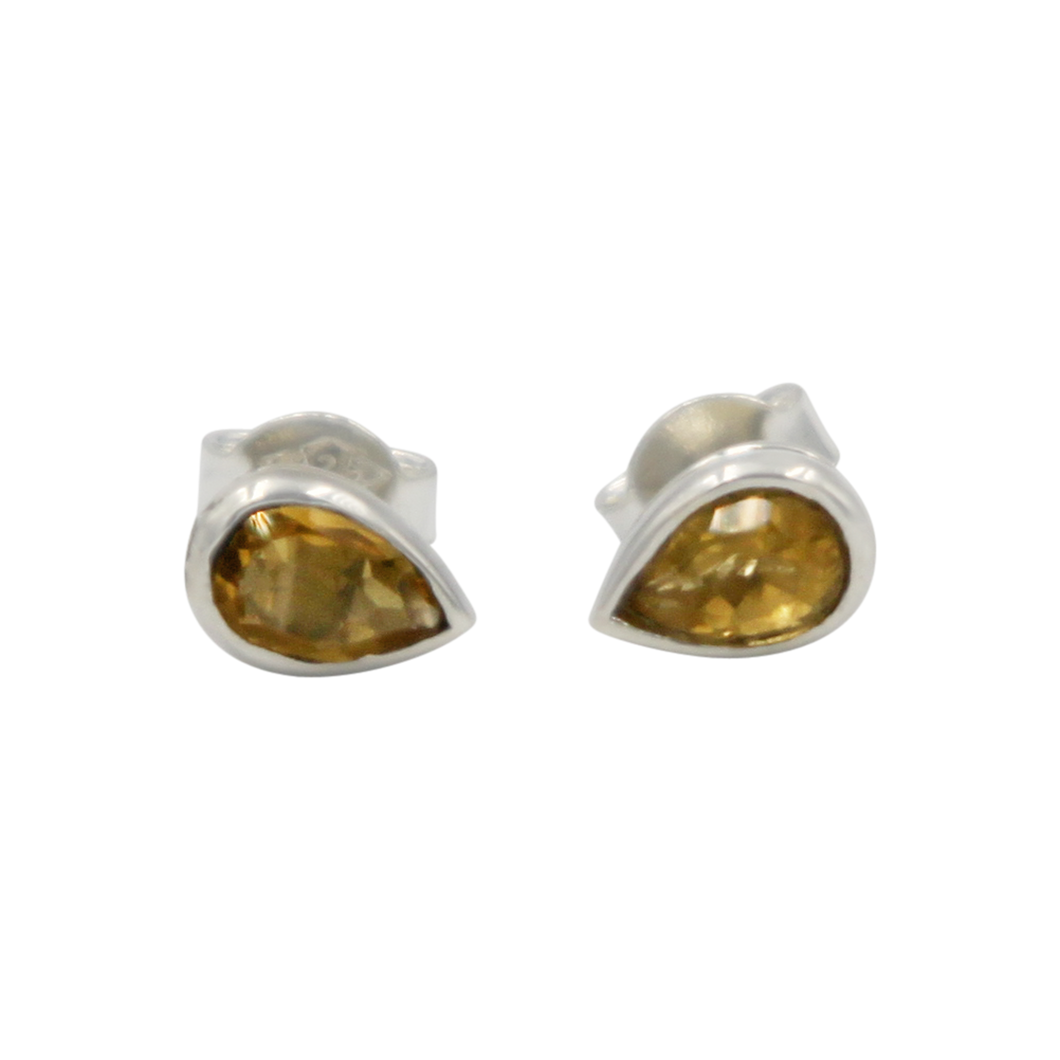 Teardrop Silver Stud Earring with a faceted gemstone on open bezel setting