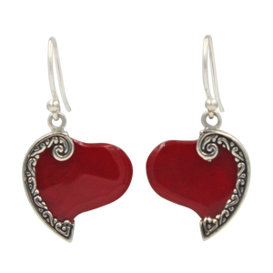 Stunning Large Sterling Silver Heart Earring with a Natural Coral