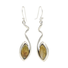 Load image into Gallery viewer, Swirl Twist Long Drop Earring with a beautiful lens shaped natural crystal stone
