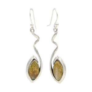 Swirl Twist Long Drop Earring with a beautiful lens shaped natural crystal stone