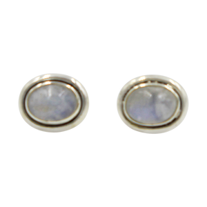 Oval Rainbow Moonstone gemstone stud earrings with a sterling silver surround