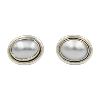 Oval Freshwater Pearl gemstone stud earrings with a sterling silver surround