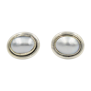 Oval Freshwater Pearl gemstone stud earrings with a sterling silver surround