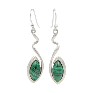 Swirl Twist Long Drop Earring with a beautiful lens shaped natural crystal stone