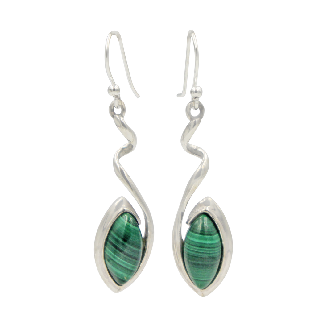 Swirl Twist Long Drop Earring with a beautiful lens shaped natural crystal stone