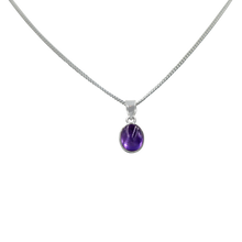 Load image into Gallery viewer, Slight oval simple cabochon Amethyst stone set on a thin bezel setting
