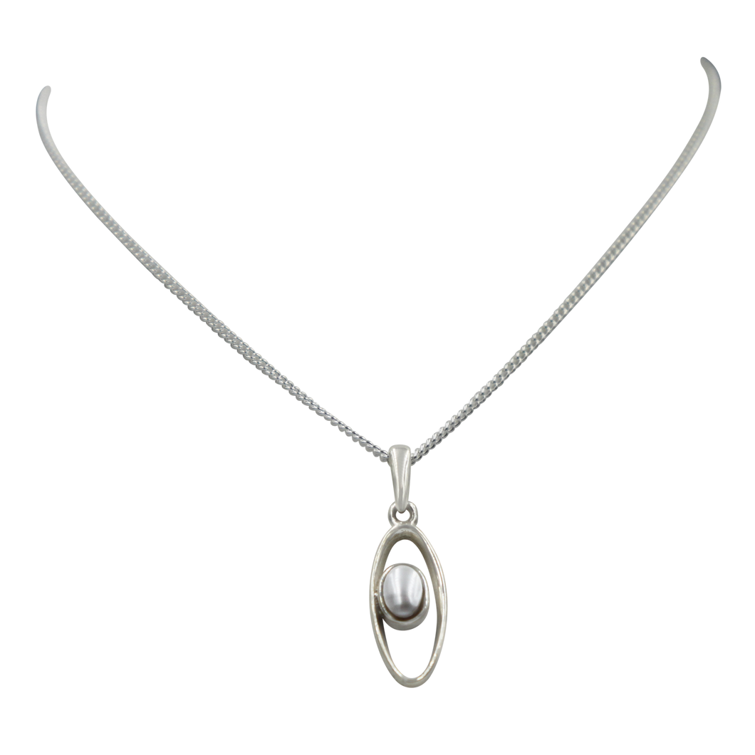 Stylish long oval pendant with a similarly oval shaped Pearl